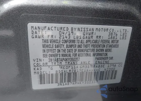 2019 Nissan Sentra Sr from USA, damaged, VIN 3N1AB7AP4KY350357